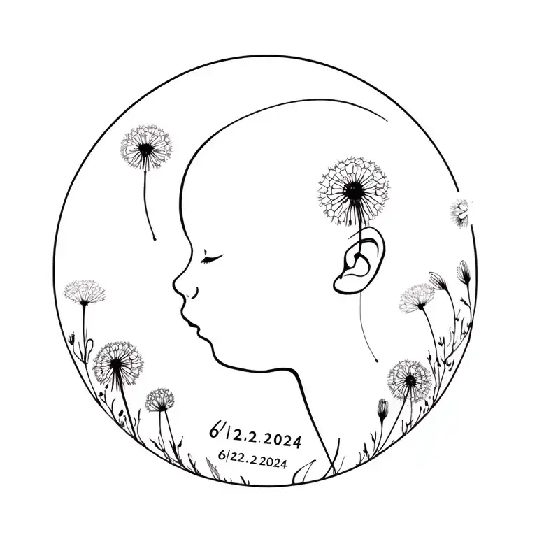 baby face silhouette surrounded by dandelions with the date 6/22/2024 tattoo design idea