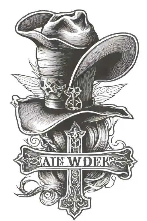 fine line cross tattoo with a cowboy hat hanging from the top and the date 09-11-24 incorporated  tattoo design idea