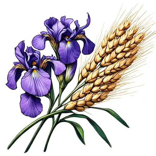 Iris lilac wheat bouquet fine line tattoo design idea