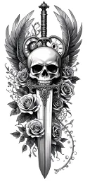 skull, roses, angel, sword, feather, pocket watch, all seeing eye tattoo design idea