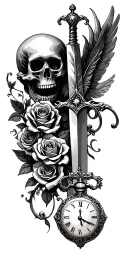 skull, roses, angel, sword, feather, pocket watch, all seeing eye tattoo design idea