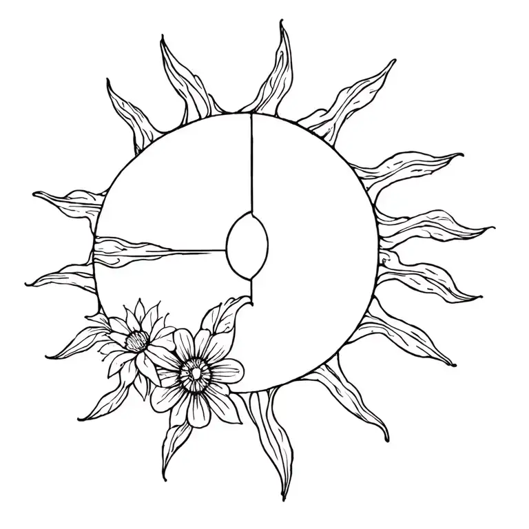 Raupity's sun with one side with costsia (flowers), a dog dough in the center, all delicate and fine access tattoo design idea
