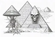 alien next to a pyramid surrounded tattoo design idea