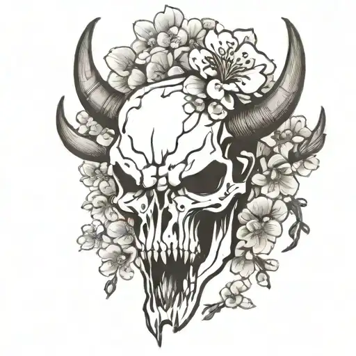 bull skull cherry blossoms  tattoo design idea