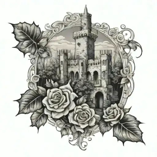 castle ruins, ivy and roses tattoo design idea