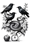 2 crows on tree branches, with a mean looking snake next to a bitten apple, surrounded in lots of floral  tattoo design idea