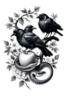 2 crows on tree branches, with a mean looking snake next to a bitten apple, surrounded in lots of floral  tattoo design idea