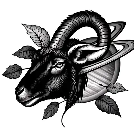 sea goat with the capricorn zodiac sign with leaves and the planet saturn tattoo design idea