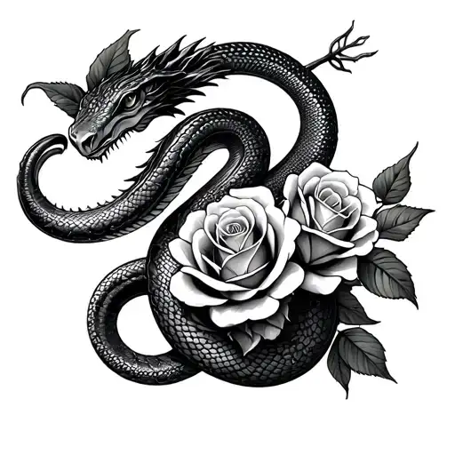 roses and basilisk snake intertwined tattoo design idea