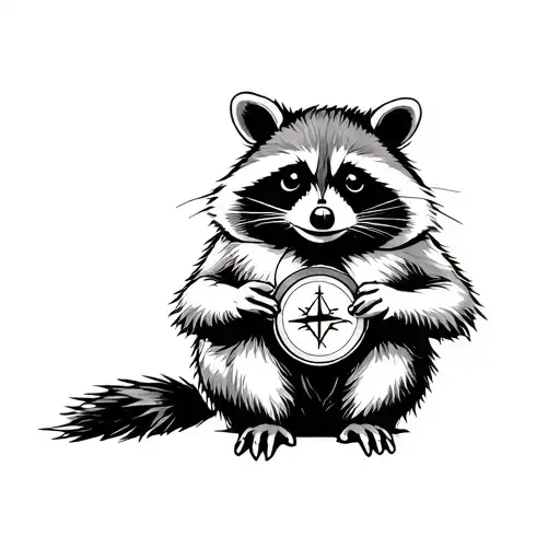 racoon sitting holding a compass rose tattoo design idea