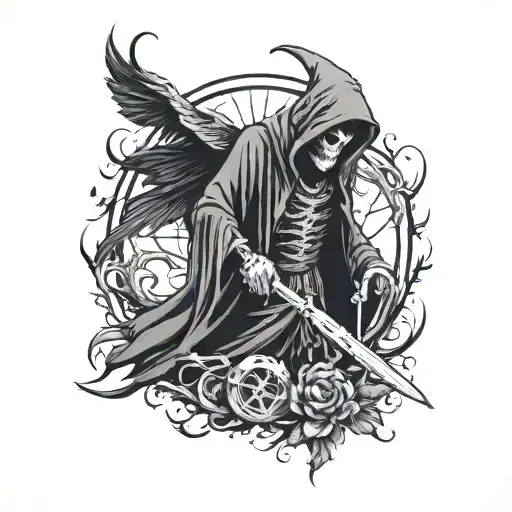 grim reaper with raven scythe  tattoo design idea