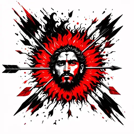 draw a surya putra karn with arrows and blowing from sun and guru parusuram is on the back and narrow and arrow are back tattoo design idea