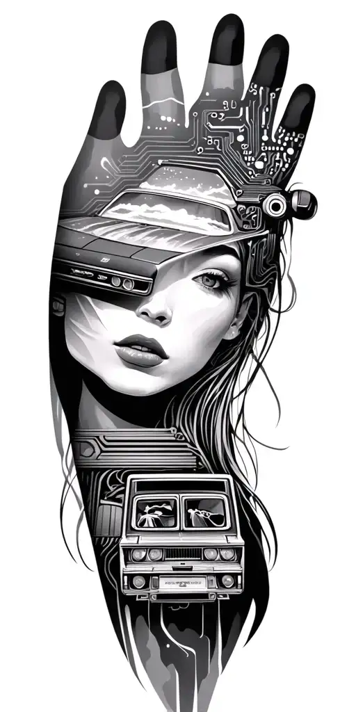 Sarah + Car Parts + Circuit Board + beach theme + videos games tattoo design idea