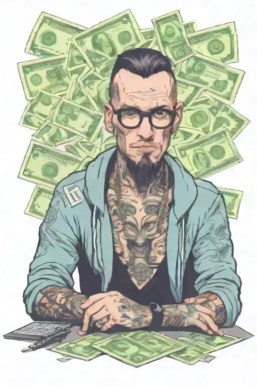 A realistic portrait of a scammer hacker, surrounded by computer screens and money who has a good fashion outfit and   tattoo design idea