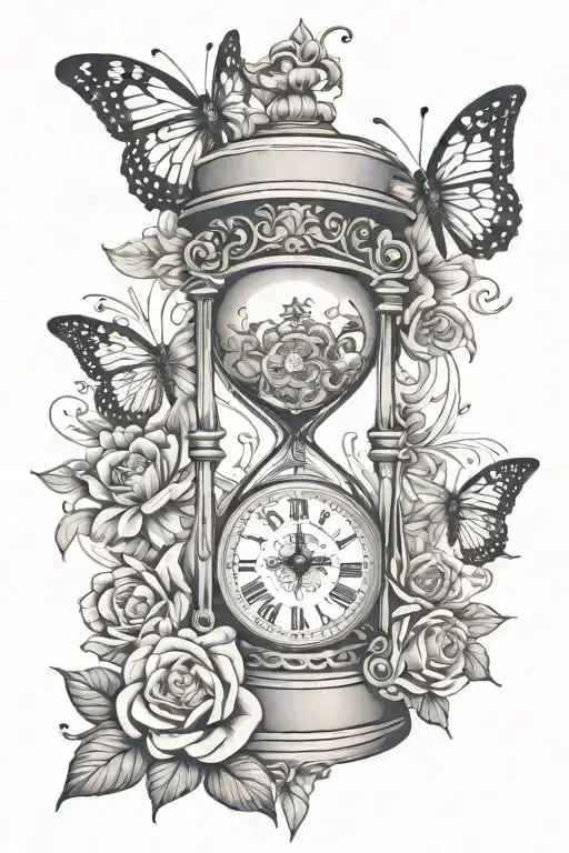 hourglass, pocket watch, flowers, queen of hearts card, butterflies, half sleeve tattoo design idea