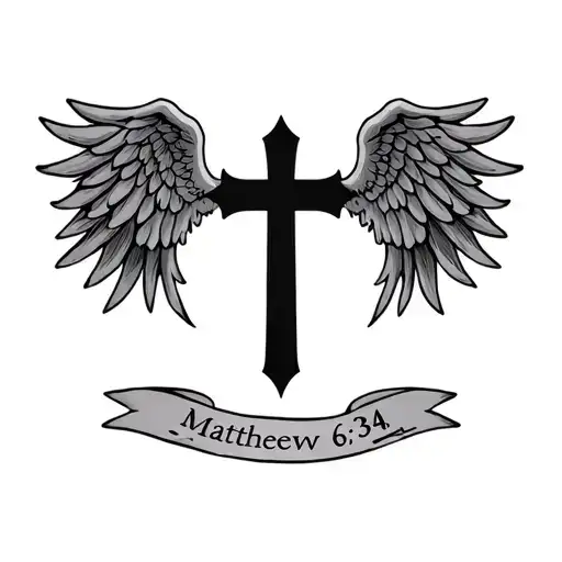 simple cross with wings coming out the back and the bible verse "matthew 6:34" tattoo design idea
