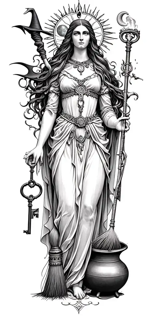 hecate goddess surrounded by key, torch, cauldron, broom, witches hat and sun and moon tarot cards tattoo design idea