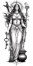 hecate goddess surrounded by key, torch, cauldron, broom, witches hat and sun and moon tarot cards tattoo design idea