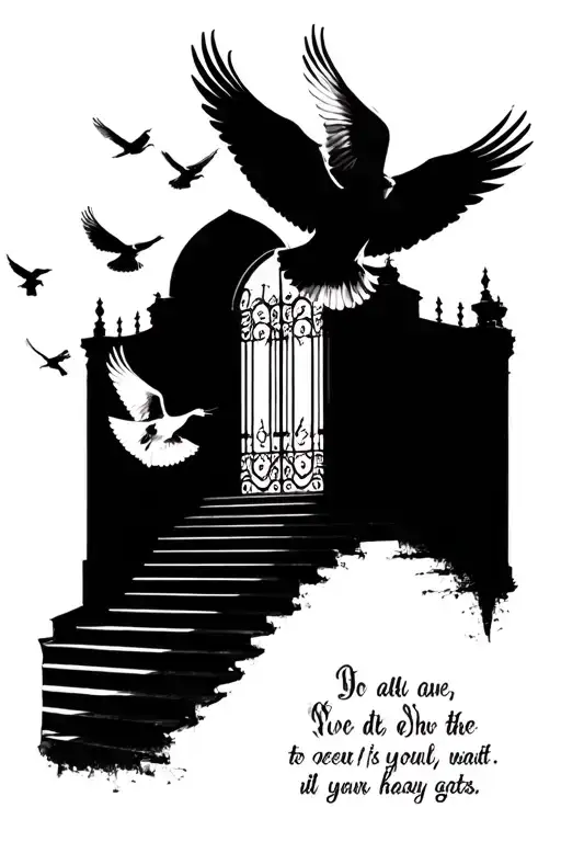 staircase to heaven gates doves flying by with writing infront of it all tattoo design idea