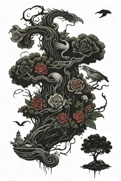 eyeball,,dragon coil,roses,big tree of life,waterfall,moon,whale,nasty,crow, snakes,earth,mushrooms,marijuana leaf tattoo design idea