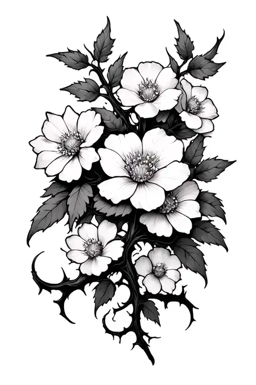 thorned vines with flowers blooming tattoo design idea