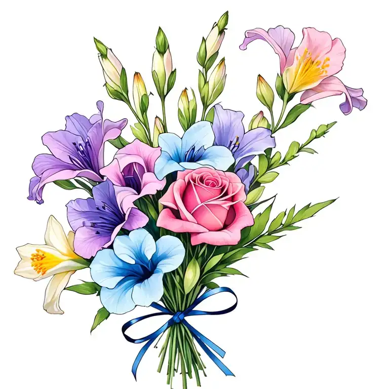 gladiolus, daffodil, rose, sweet pea birth flower bouquet tied with thin bow. I like colors: blues, pinks, purples, cyan tattoo design idea