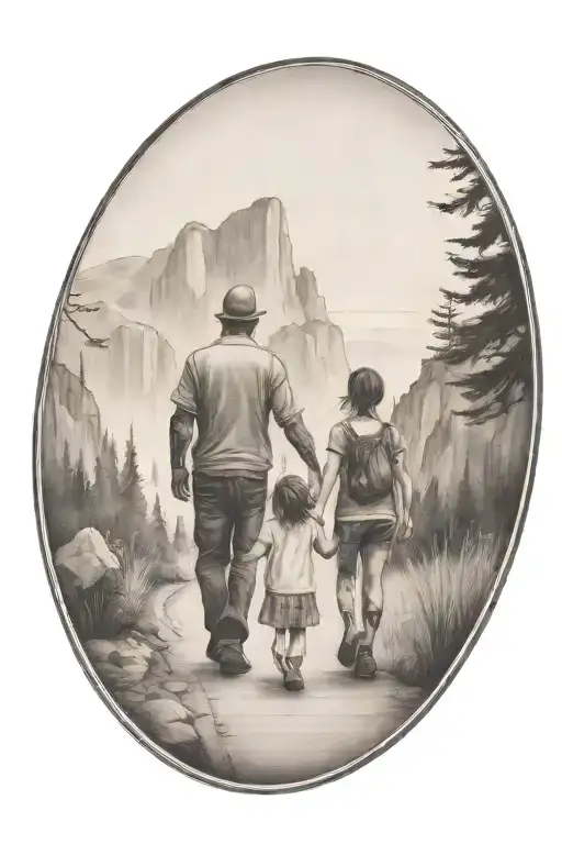 father in the middle holding hands with two small girls walking down the road with forest and cliffs in background tattoo design idea