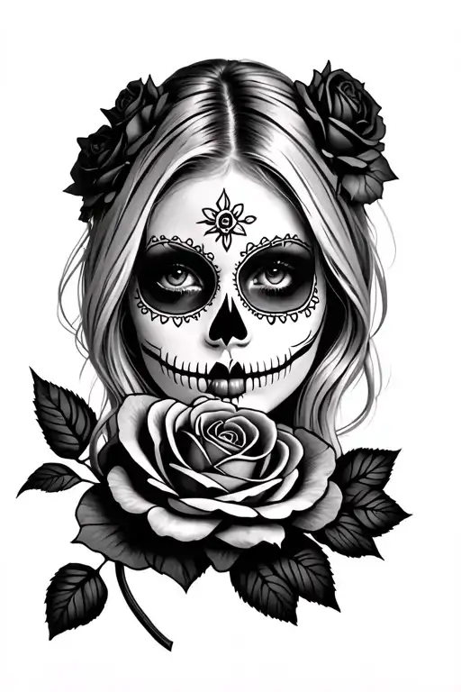 a blonde girls face with day of the dead makeup with a rose below her tattoo design idea