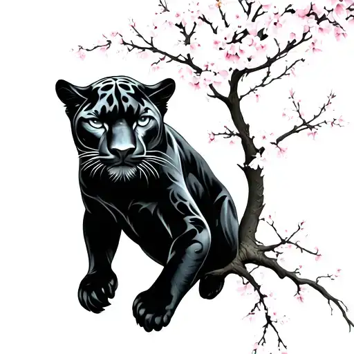 panther hanging off arm with cherry blossom tree growing tattoo design idea