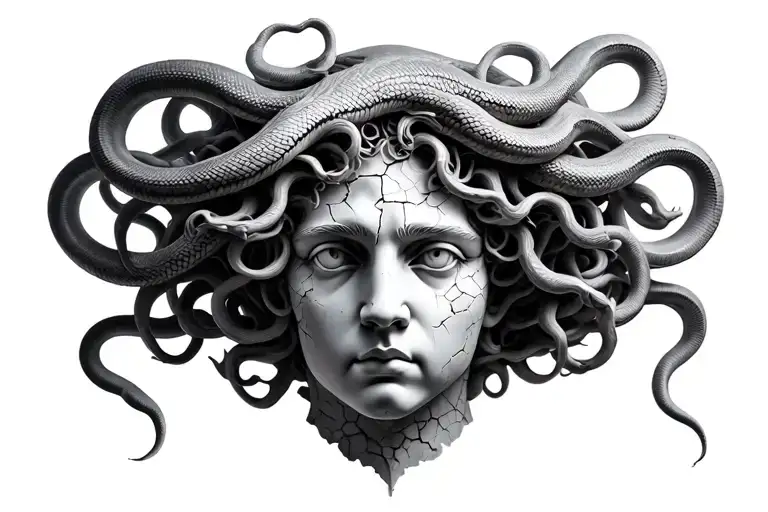 Medusa's head with snake hair and with the texture of a cracked marble statue tattoo design idea