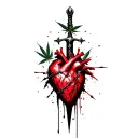 a dagger pierces the heart,everything entangled with barbed wire,marijuana leaves in the background tattoo design idea