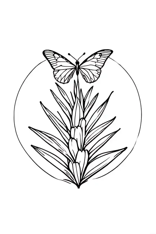 small dainty fine line tattoo of a yucca outline with a butterfly outline above it tattoo design idea