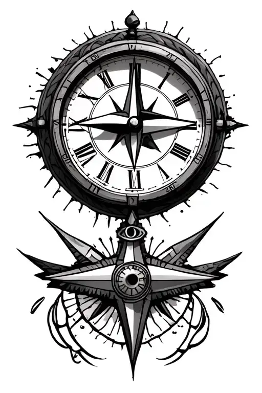 compass and clock tattoo design idea