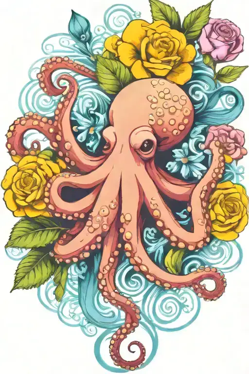 octopus, snowdrop, rose,  marigold flower tattoo design idea