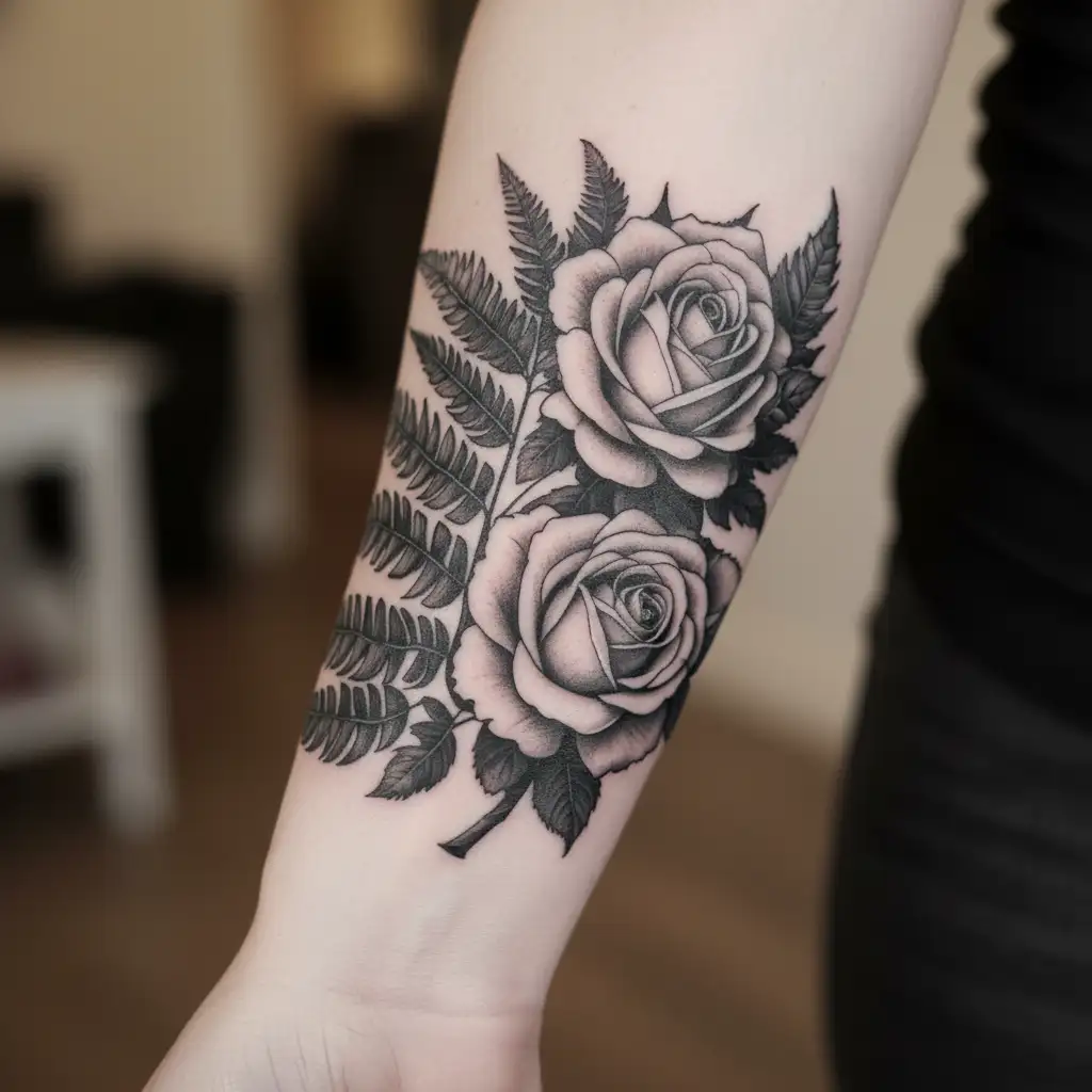 silver fern frond and an English rose. New Zealand English heritage tattoo design idea