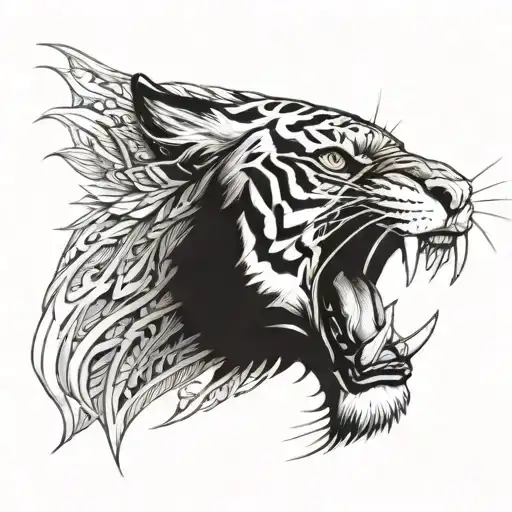 biomechanical Polynesian mythical tiger tattoo feral look facing front tattoo design idea