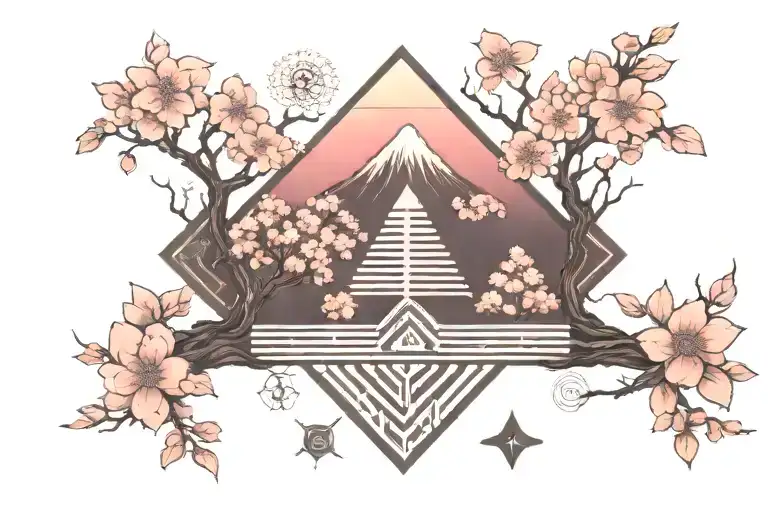 A tatoo with avicii logo combined with sakura tree, mount fuji and matrix symbols tattoo design idea