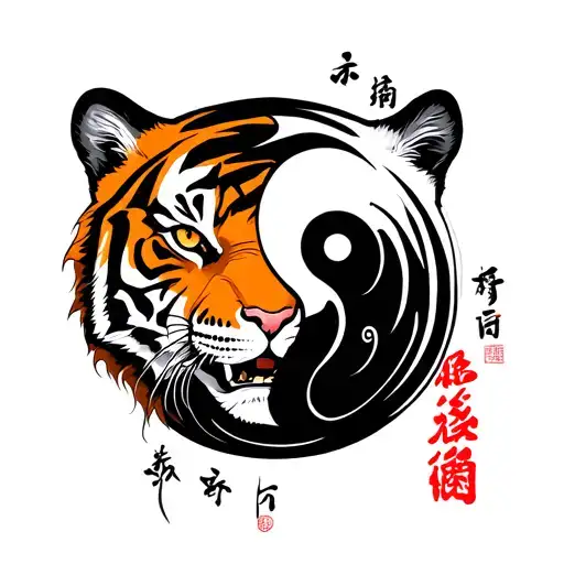 ying and yang, tiger head, japanese quote written tattoo design idea