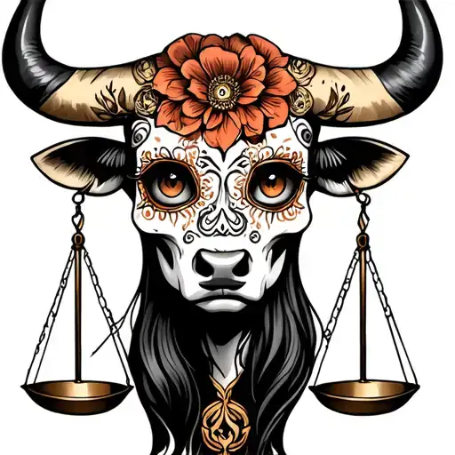 woman bull with sugar skull markings, brown eyes and two Libra scales and dark background tattoo design idea