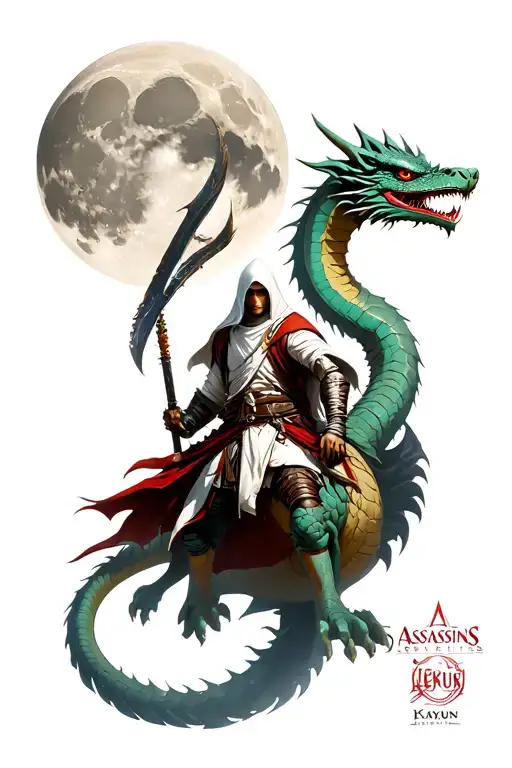 Make ezio from assassins creed revelations riding an asian dragon with the moon on the back and kayn's weapon from leagu tattoo design idea