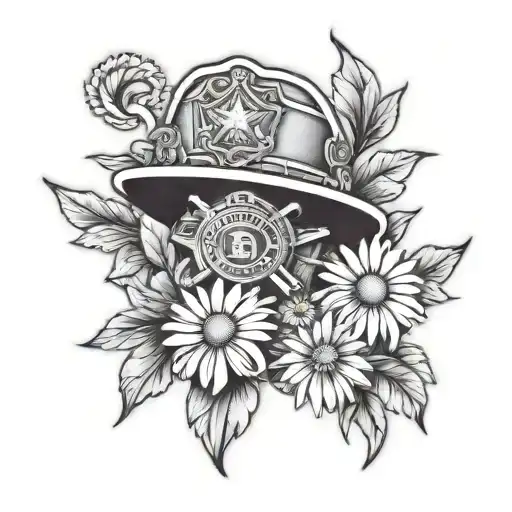 Daisies wrapping around fire chief patch work tattoo design idea