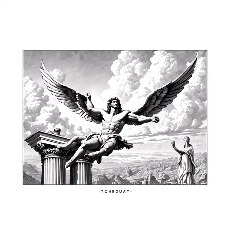 Icarus falling from the sky, along with a Greek column tattoo design idea