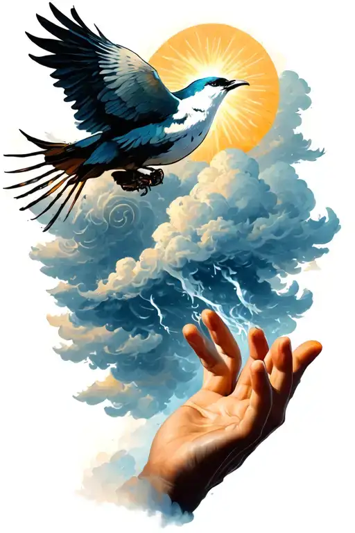 religious crying with clouds and a hand releasing a bird tattoo design idea