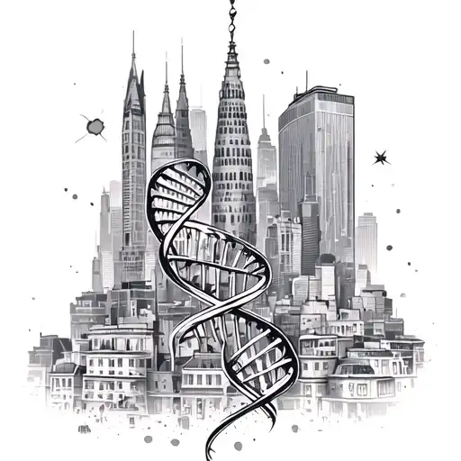 A tattoo design of the skyline of Barcelona with a DNA double helix incorporated into the architecture tattoo design idea