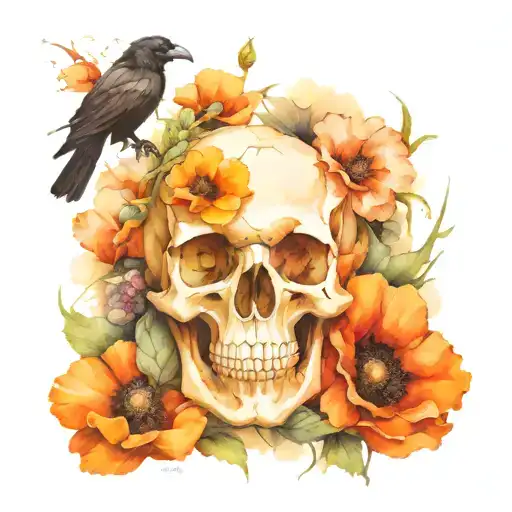 skull and raven and poppies blooming tattoo design idea