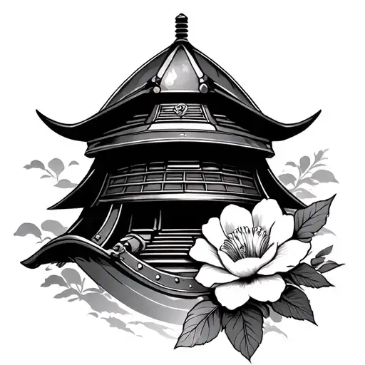 a forearm tattoo of a samurai helmet and a flower blooming under the helmet with a traditional japanese building behind  tattoo design idea