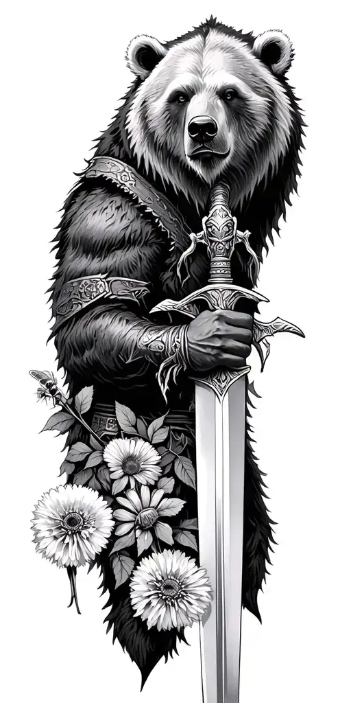 Fierce Bear. Viking holding an ornate swordFlowers - rose/ gerbera/ dandelion Bee Mountains / water/ river / lone cabi tattoo design idea