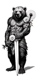 Fierce Bear. Viking holding an ornate swordFlowers - rose/ gerbera/ dandelion Bee Mountains / water/ river / lone cabi tattoo design idea