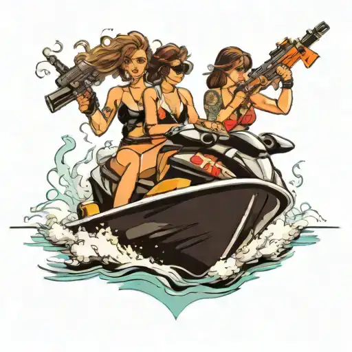 two girls in bikini on jetski with guns smoking cigarette tattoo design idea