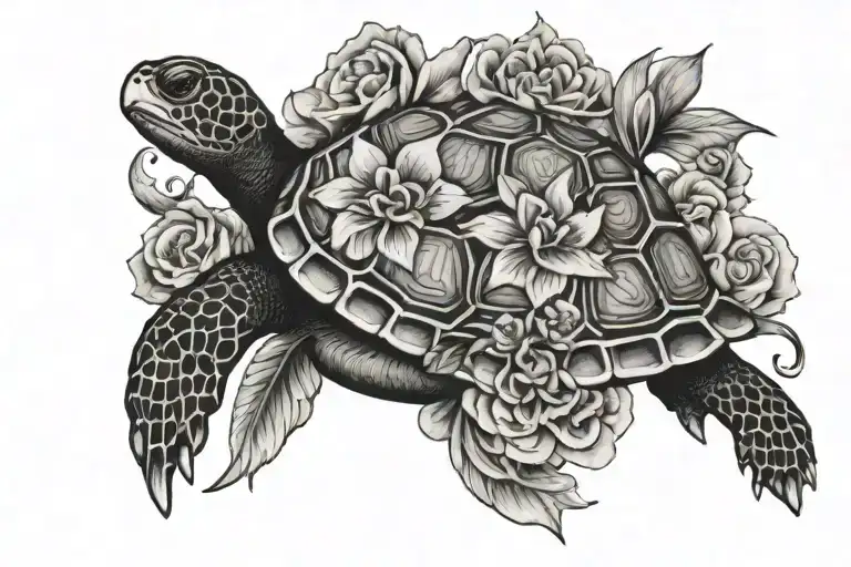 flower turtle with letter m tattoo design idea